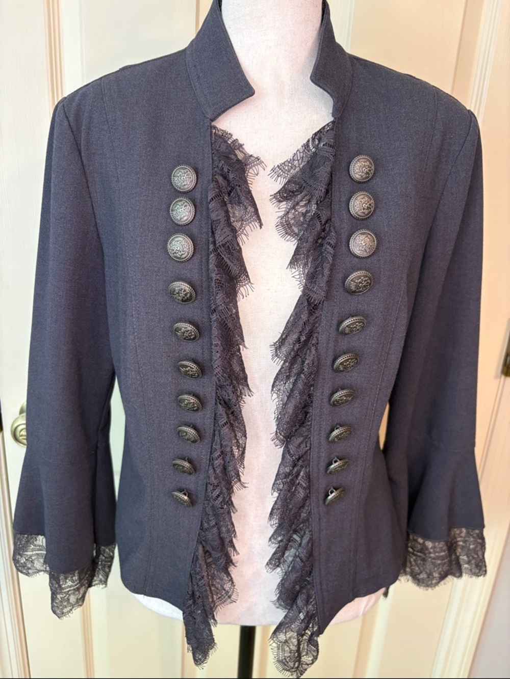 Insight NY Military Dress Jacket Lace Trim Charcoal Gray size 6